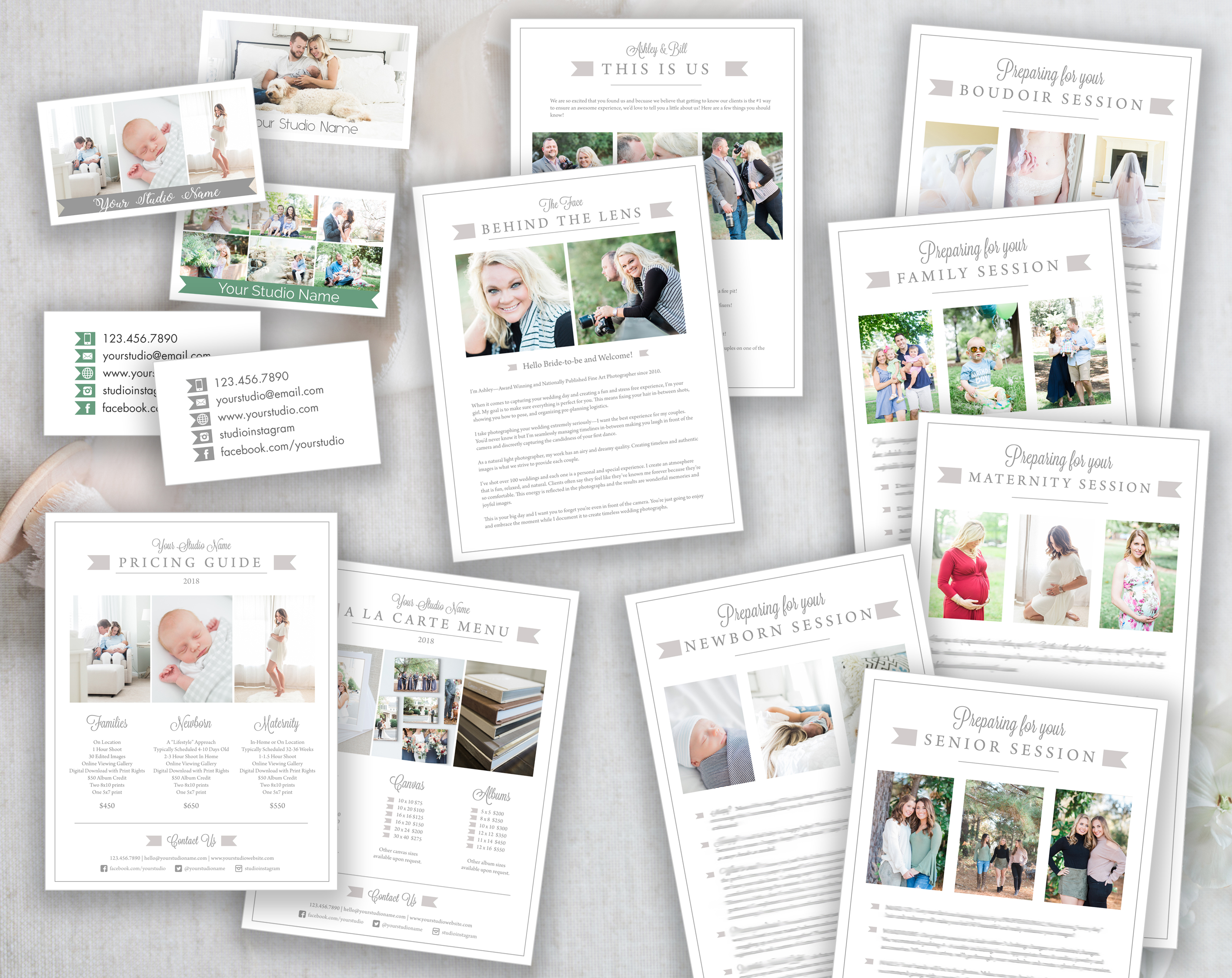 PHOTOGRAPHY TEMPLATE BUNDLE, PREP GUIDE, BUSINESS CARDS, PRICING SHEET & BIO TEMPLATES